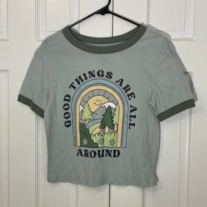 Retro Camping Positive Blue Green Graphic Cropped Ringer Baby Tee
